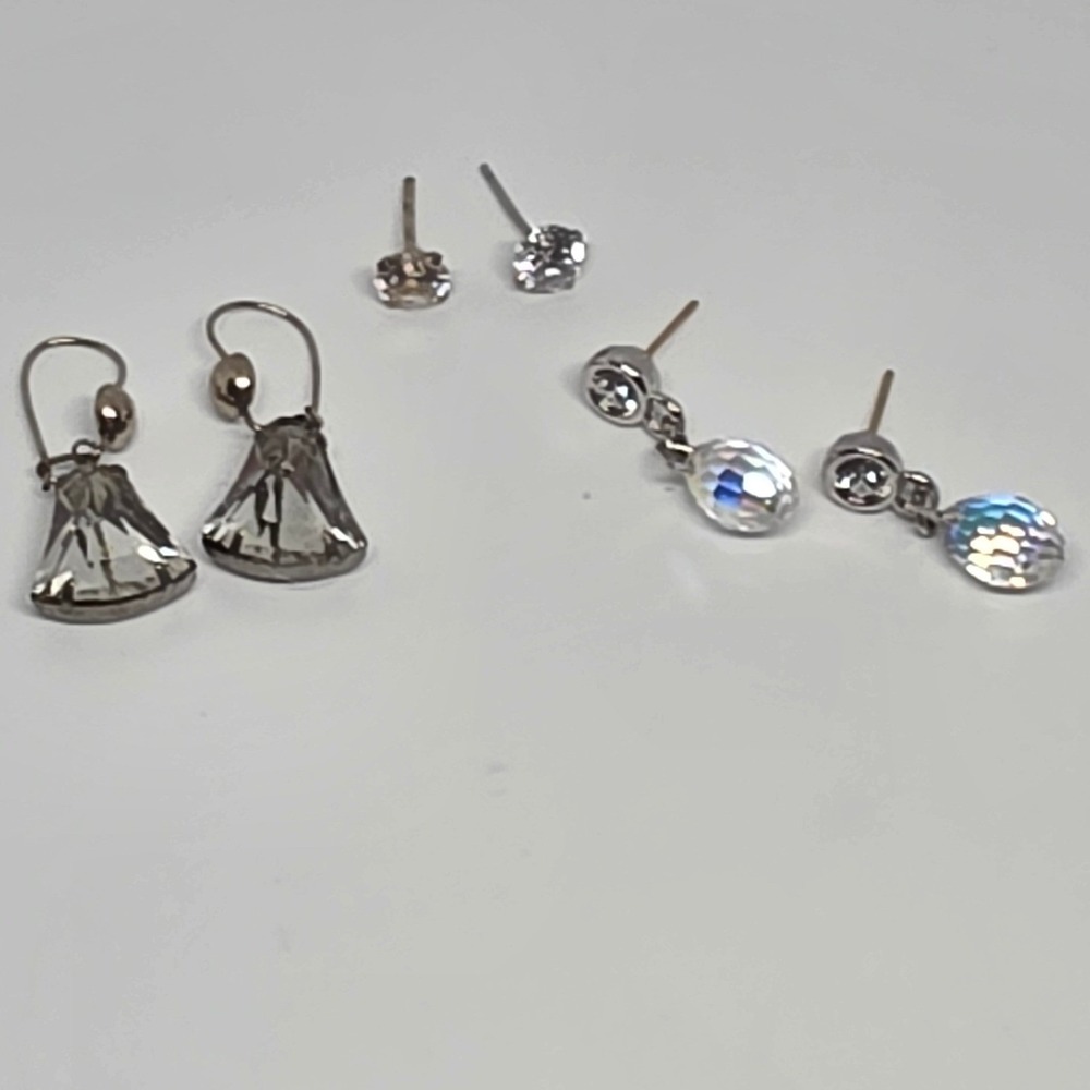 Lot of 3 Pairs Women's Rhinestone Stud and Dangle Earrings Silver Tone
